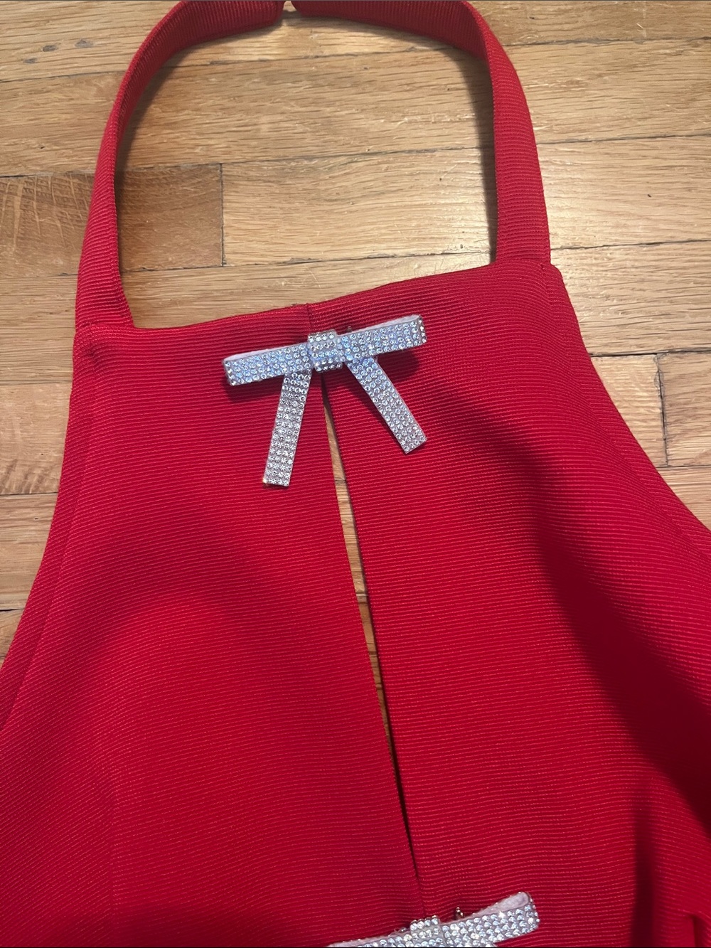 Anthropologie Red Halter Dress with Rhinestone Bows - Picture 2 of 4